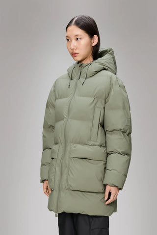 Rains Alta Long Puffer Cargo Jacket in Drift