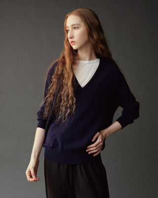 Mijeong Park Cashmere Blend V-Neck Knit in Navy