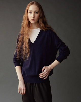 Mijeong Park Cashmere Blend V-Neck Knit in Navy