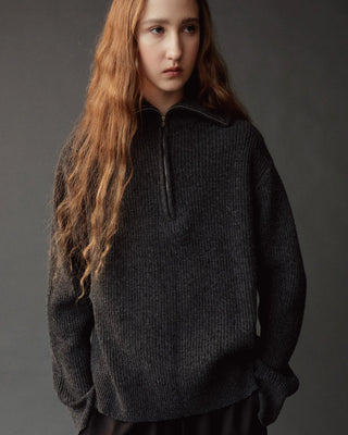 Mijeong Park Ribbed Half-Zip Sweater in Charcoal