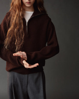 Mijeong Park Ribbed Half-Zip Sweater in Brown