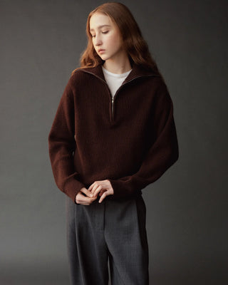 Mijeong Park Ribbed Half-Zip Sweater in Brown