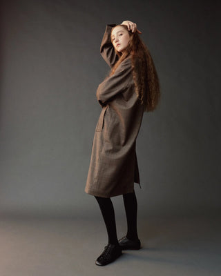 Mijeong Park Wool Blend Trench Coat in Brown Plaid