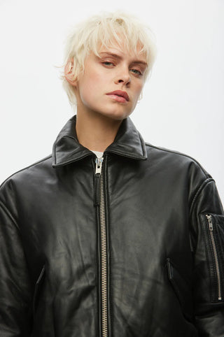 Oval Square Pad Leather Bomber Jacket