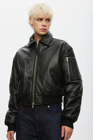 Oval Square Pad Leather Bomber Jacket