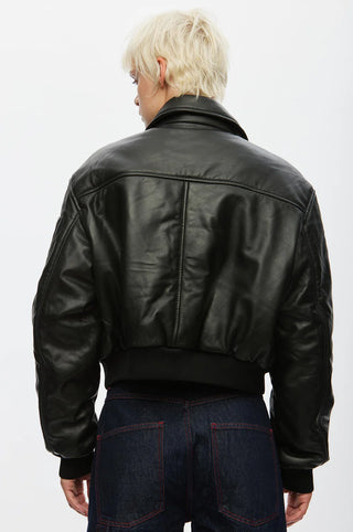 Oval Square Pad Leather Bomber Jacket