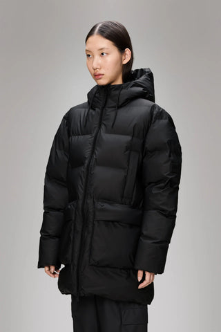 Rains Alta Long Puffer Cargo Jacket in Black