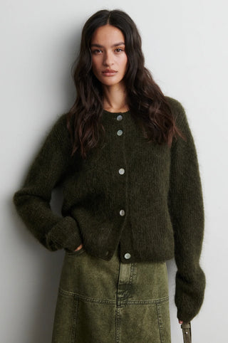 Second Female Andrea Knit Rib LS Cardigan in Black Olive