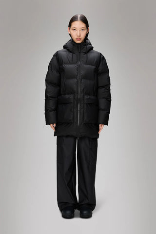 Rains Alta Long Puffer Cargo Jacket in Black