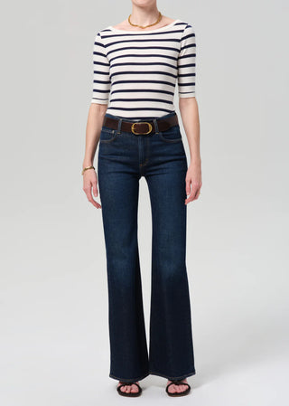 Citizens Of Humanity 3/4 Sleeve Boat Neck Slim Tee - Azure Stripe