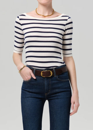 Citizens Of Humanity 3/4 Sleeve Boat Neck Slim Tee - Azure Stripe