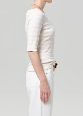 Citizens Of Humanity 3/4 Sleeve Boat Neck Slim Tee - Brulee Stripe