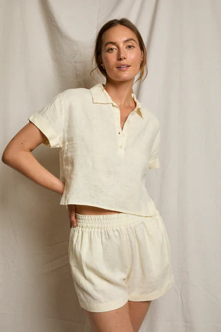 PerfectWhiteTee Tabitha Linen Cropped Polo Tee - Custard