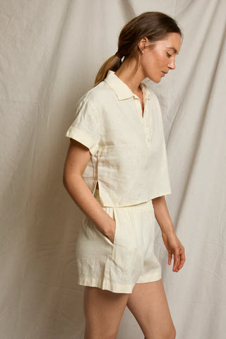 PerfectWhiteTee Tabitha Linen Cropped Polo Tee - Custard