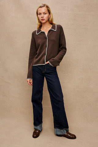 Rails Rayleen Sweater in Brown Ivory Blanket Stitch