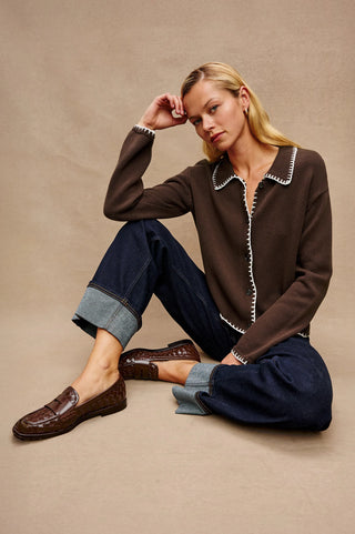 Rails Rayleen Sweater in Brown Ivory Blanket Stitch
