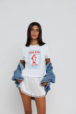Sunny Somewhere Nantucket Fish Bar Tiny Tee - White
