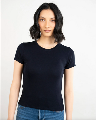 Patrick Assaraf Cotton Modal Rib Baby Tee - Dark Navy