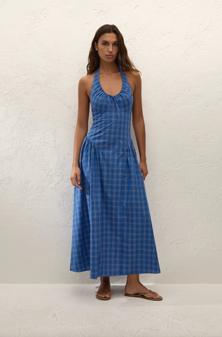 Faithfull Del Ros Midi Dress - Flor Check Cobalt