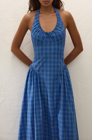 Faithfull Del Ros Midi Dress - Flor Check Cobalt