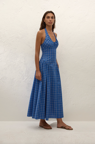 Faithfull Del Ros Midi Dress - Flor Check Cobalt