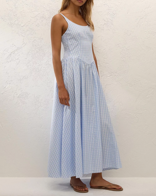 Faithfull Chiara Midi Dress - Paloma Check Light Blue White