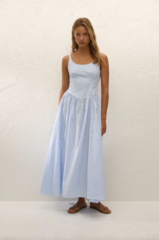 Faithfull Chiara Midi Dress - Paloma Check Light Blue White