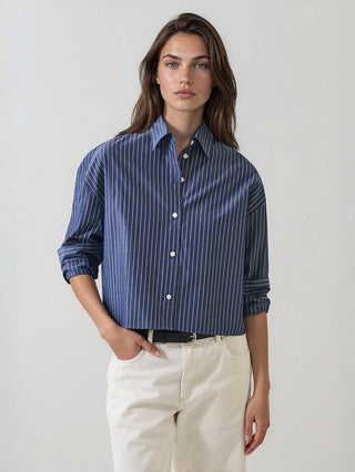 Patrick Long Sleeve Cotton Boxy Shirt - Washed Navy