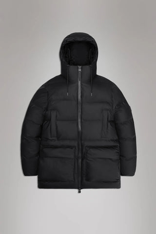 Rains Alta Long Puffer Cargo Jacket in Black