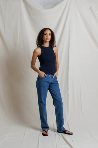 Perfectwhitetee Daphne Rib High Neck Tank - Navy