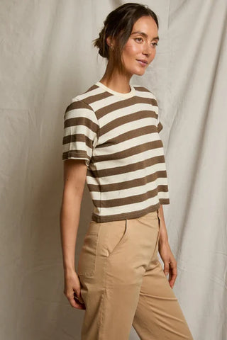 Perfectwhitetee Lainey Brushed Rugby Crewneck Tee - Mocha/Natural Stripe