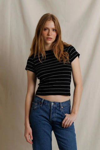 Perfectwhitetee Lisa Slim Crew Tee in Black Stripe