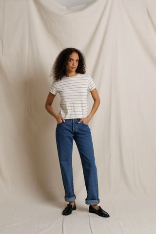 Perfectwhitetee Lisa Slim Crew Tee in Natural Stripe