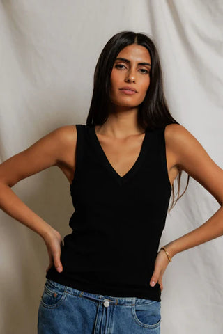 Perfectwhitetee Mallory V Neck Rib Tank Top - True Black
