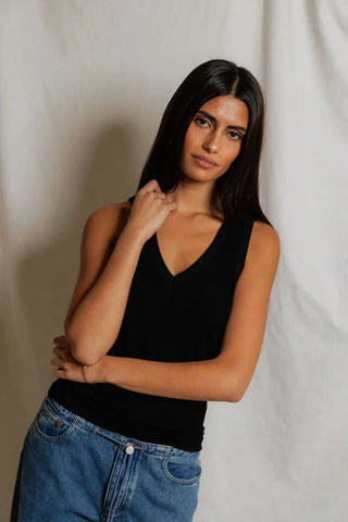 Perfectwhitetee Mallory V Neck Rib Tank Top - True Black